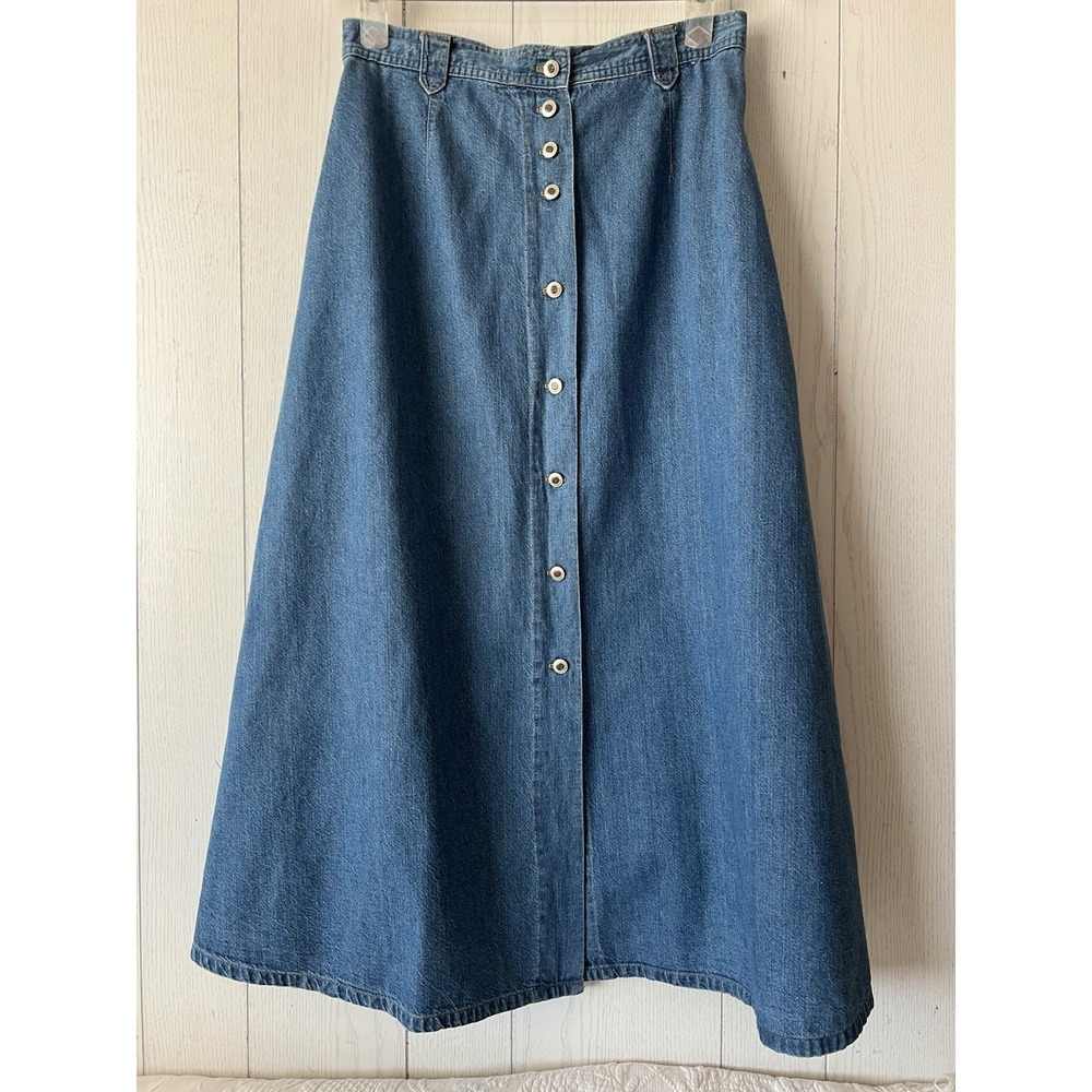 VTG Button down Denim Tiered Maxi Skirt 12 JG Hook Western Jean Boho Festival